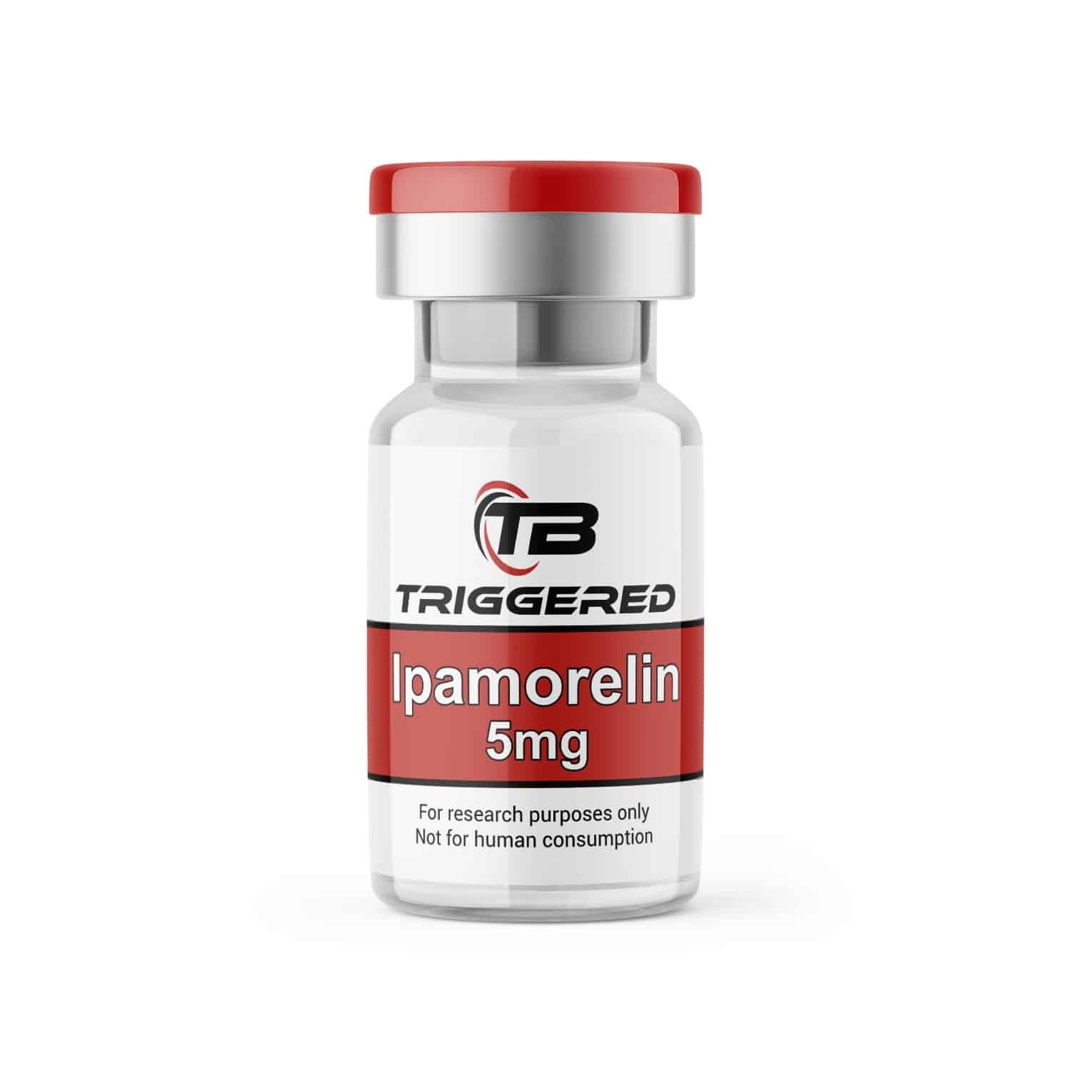 Triggered Ipamorelin 5mg vial with a warning: For research purposes only. Not for human consumption