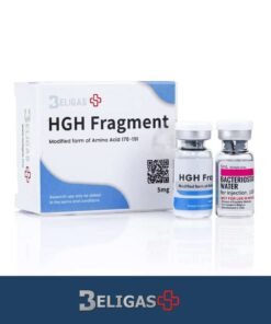 Beligas HGH Fragment 5mg box with a vial of HGH Fragment and a vial of bacteriostatic water