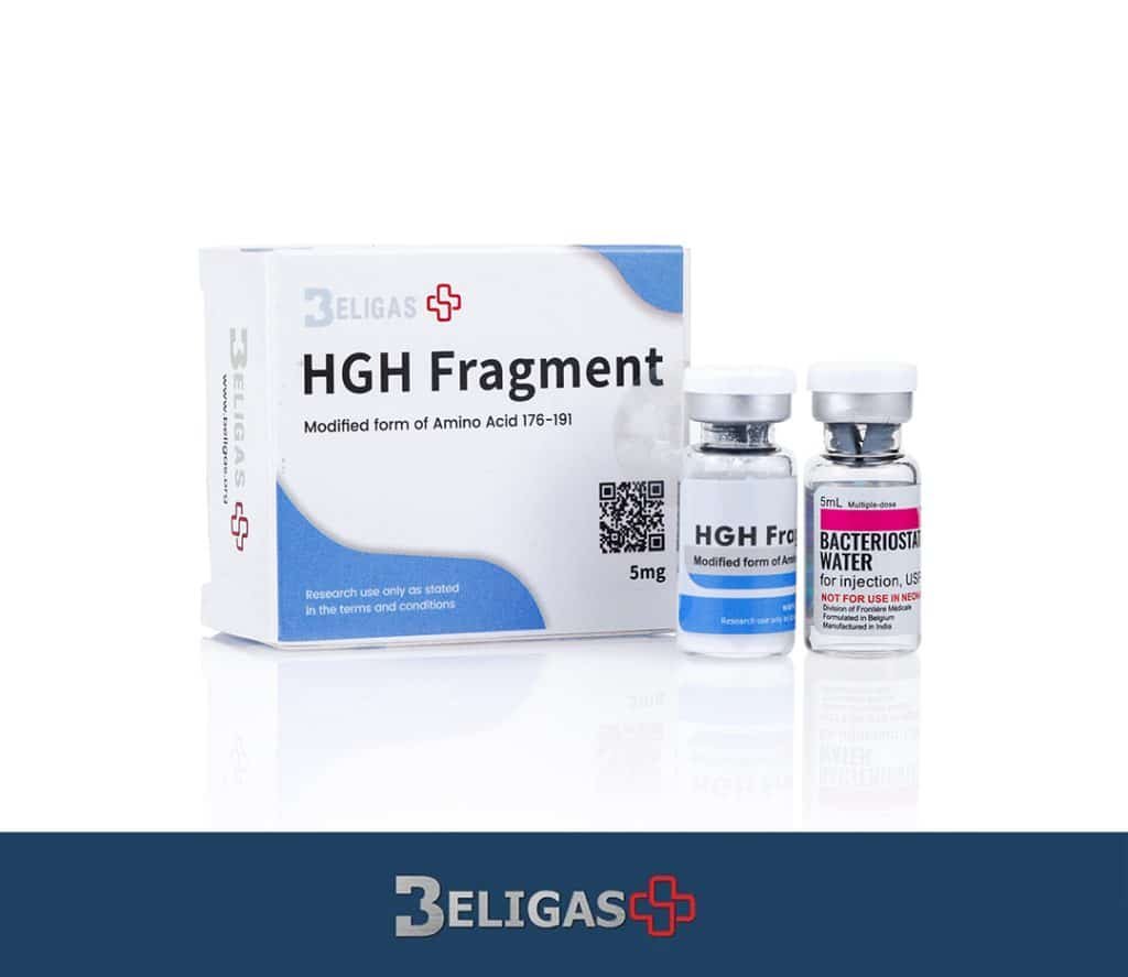 Beligas HGH Fragment 5mg box with a vial of HGH Fragment and a vial of bacteriostatic water